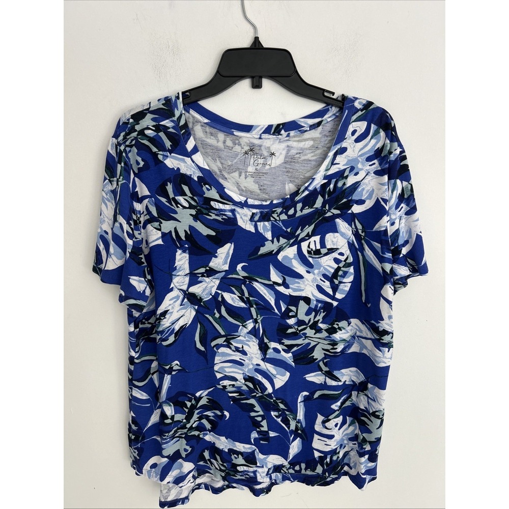 Palm Grove Women's XL Short Sleeve Tropical Palm Leaf Print Blue Green White Top